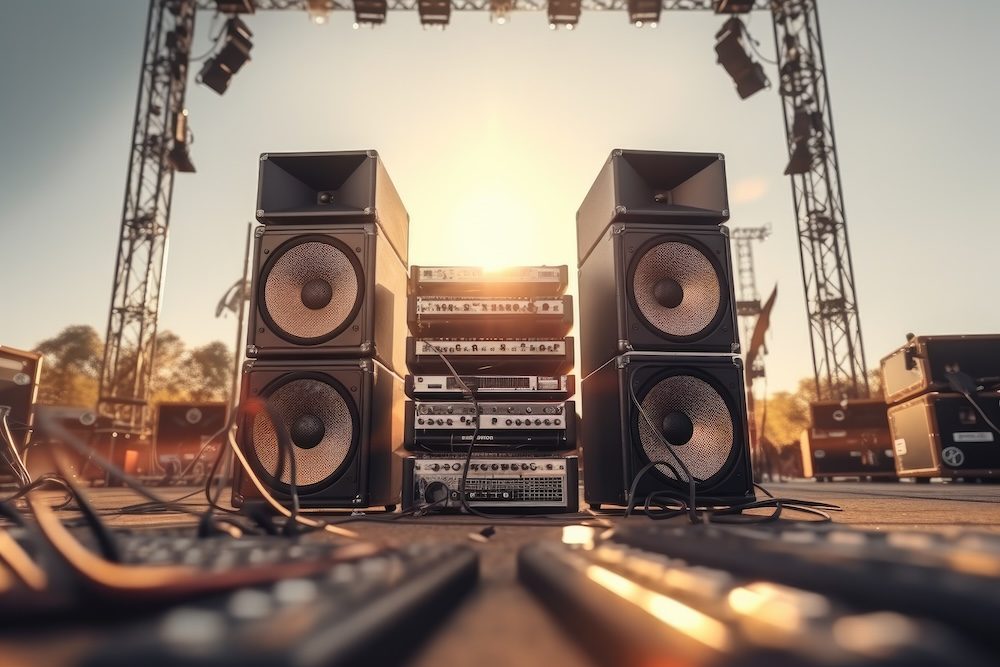 AV Equipments at a concert - speakers, audio mixers, mics and more