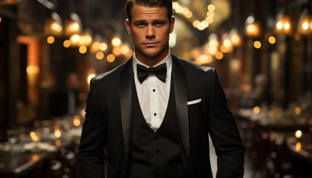 A man dressed in a sharp, tailored black tuxedo with a bow tie, embodying a James Bond movie theme dinner outfit. He exudes confidence and sophistication, standing in an elegant, dimly lit venue with glowing lights in the background, capturing the iconic 007 style.