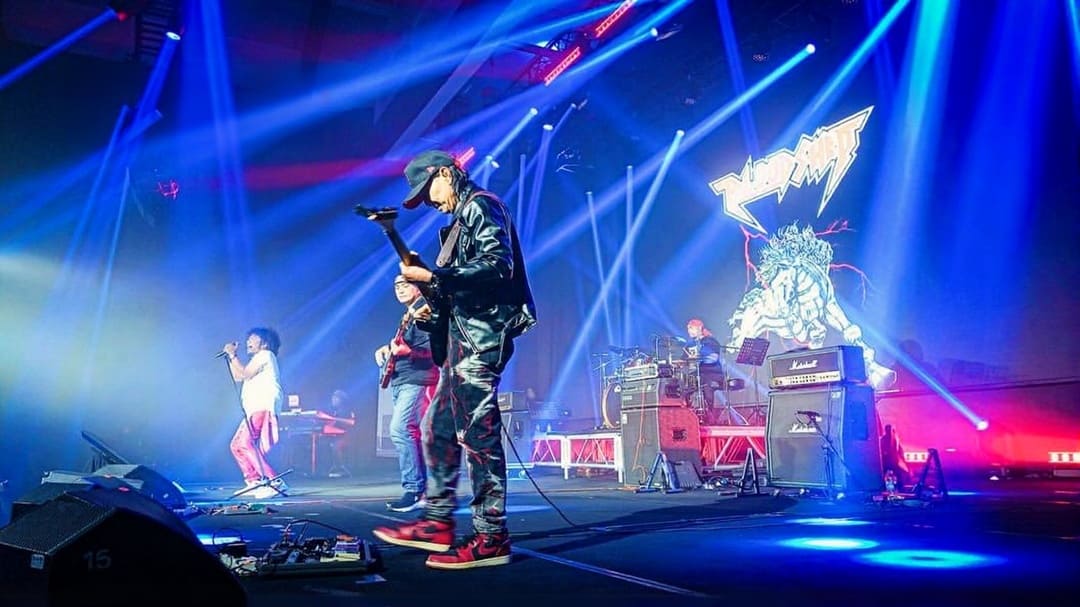 Concert stage rental setup with truss, LED screens, lighting and sound equipment