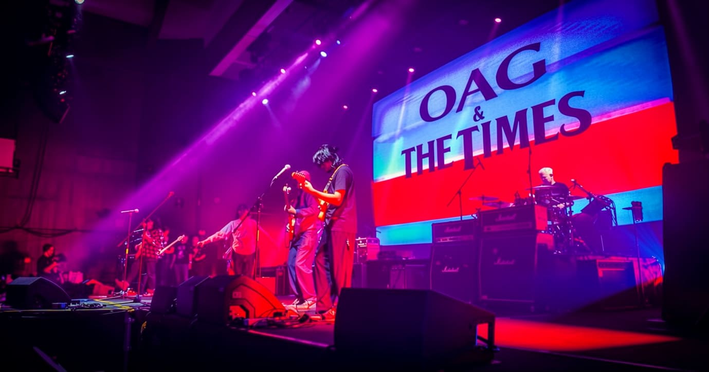 Concert stage rental setup with truss, LED screens, lighting and sound equipment