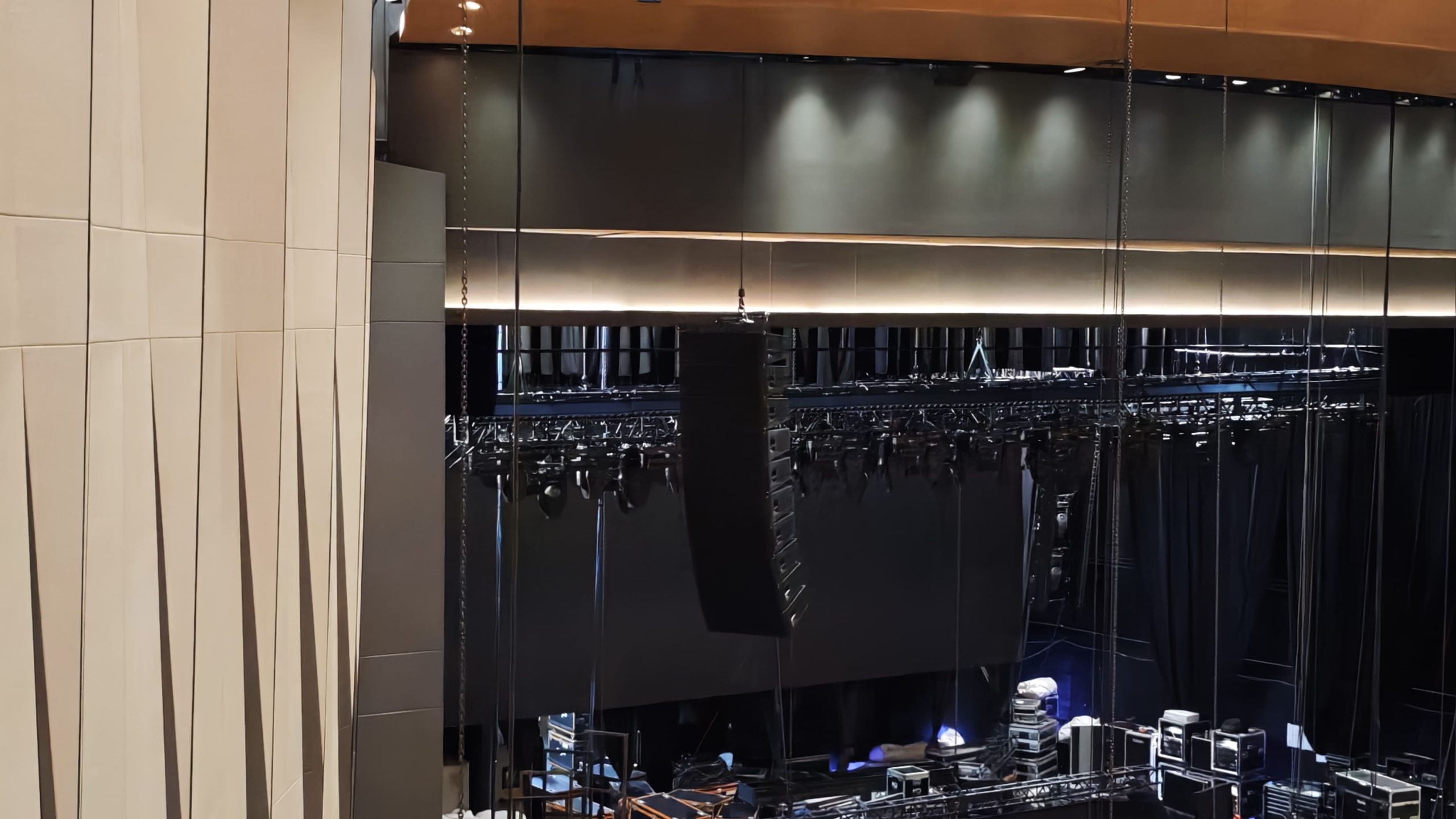 Sound system rental setup with speakers and microphones for an event