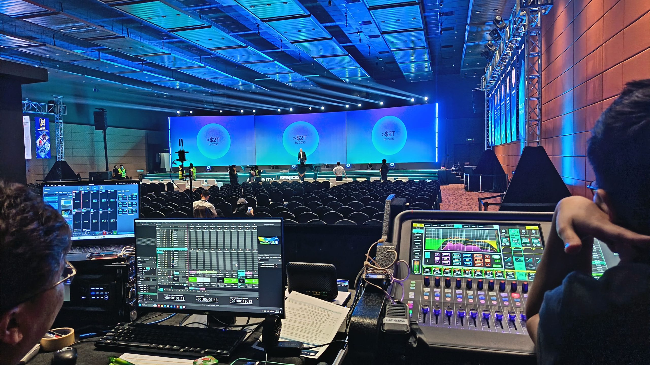Sound system rental setup with speakers and microphones for an event