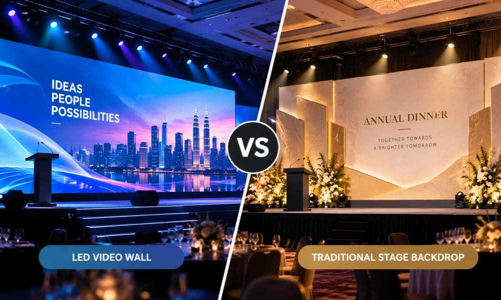 LED video wall vs traditional stage backdrop comparison at a corporate event